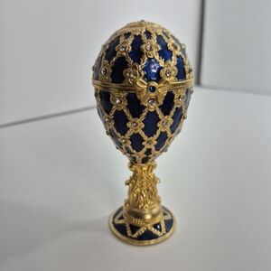Krischerco Imperial Egg Blue  & Gold Enamel Jeweled Trinket Box Music Box SEE